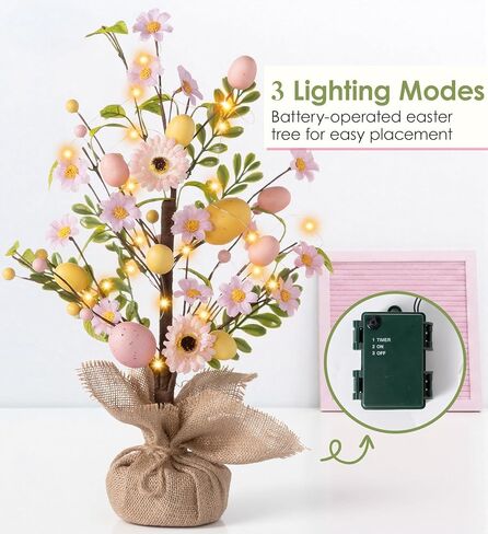 زينة عيد الفصح شجرة عيد الفصح المضاءة مسبقًا، شجرة بيض عيد الفصح على الطاولة مقاس 45.72 سم مع 30 مصباح LED ومؤقت، ديكور زنبركي يعمل بالبطارية لرف المطبخ على رف الطاولة in Kuwait