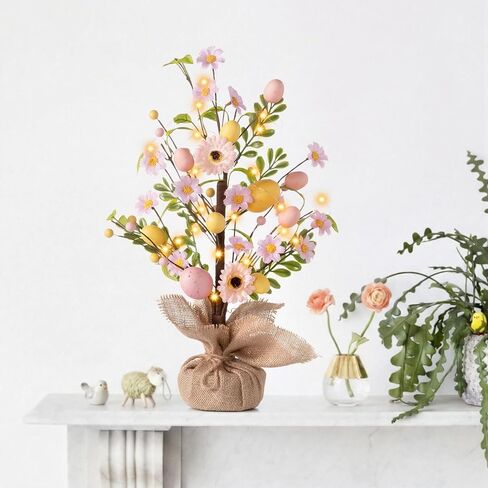 زينة عيد الفصح شجرة عيد الفصح المضاءة مسبقًا، شجرة بيض عيد الفصح على الطاولة مقاس 45.72 سم مع 30 مصباح LED ومؤقت، ديكور زنبركي يعمل بالبطارية لرف المطبخ على رف الطاولة in Kuwait