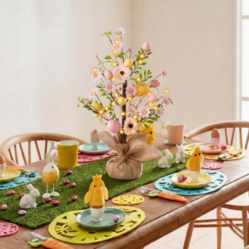 زينة عيد الفصح شجرة عيد الفصح المضاءة مسبقًا، شجرة بيض عيد الفصح على الطاولة مقاس 45.72 سم مع 30 مصباح LED ومؤقت، ديكور زنبركي يعمل بالبطارية لرف المطبخ على رف الطاولة in Kuwait