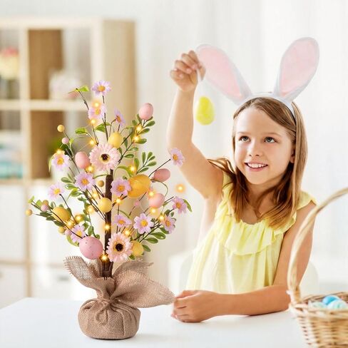 زينة عيد الفصح شجرة عيد الفصح المضاءة مسبقًا، شجرة بيض عيد الفصح على الطاولة مقاس 45.72 سم مع 30 مصباح LED ومؤقت، ديكور زنبركي يعمل بالبطارية لرف المطبخ على رف الطاولة in Kuwait