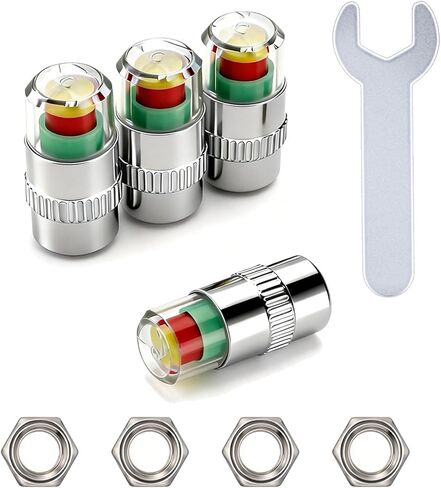 Car Tire Pressure Monitor Valve Stem Caps, 2.2Bar 32-to-35 PSI Universal Tire Safety Caps with 3-Color Eye Alert Sensor Indicator (Silver) in Kuwait