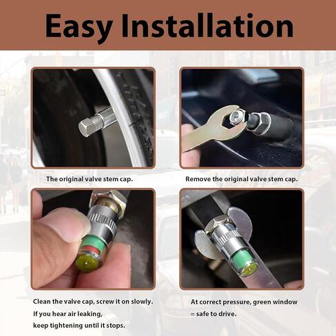 Car Tire Pressure Monitor Valve Stem Caps, 2.2Bar 32-to-35 PSI Universal Tire Safety Caps with 3-Color Eye Alert Sensor Indicator (Silver) in Kuwait