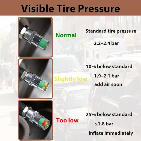 Car Tire Pressure Monitor Valve Stem Caps, 2.2Bar 32-to-35 PSI Universal Tire Safety Caps with 3-Color Eye Alert Sensor Indicator (Silver) in Kuwait