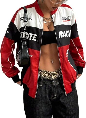 Chvity Womens Racing Jacket Color Block Letter Graphic Bomber Jackets Zip Up Lightweight Varsity Coats Y2k Outerwear in Saudi Arabia