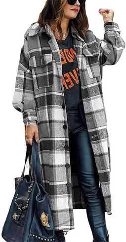 Long Flannel Jacket Women Oversize Plaid Lapel Coat Button Down Pocketed Shacket Jackets Fall Winter Casual Shirt Coat in Kuwait