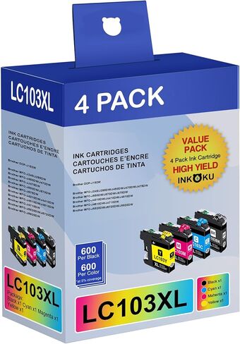 LC103 XL متوافق مع خراطيش حبر Brother LC103 LC101 تعمل مع طابعة Brother MFC-J870DW MFC-J450DW MFC-J6920DW MFC-J6520DW (أسود سماوي أرجواني أصفر، 4 عبوات) in Kuwait