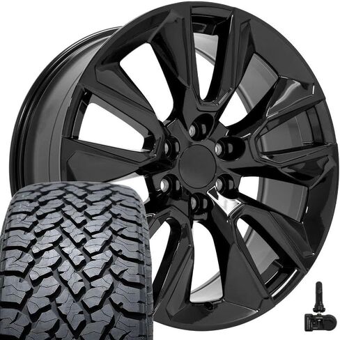 OE Wheels CV32 22 Inch Rims and Tires Fit Silverado 1500 Style 6x139.7 22x9 Gloss Black - Hollander 5916 - TS-37 AT 285/45-22 (Set of 4) in Saudi Arabia