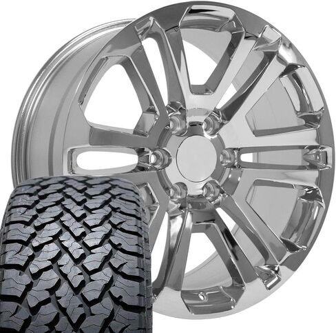 إطارات وإطارات OE Wheels CV99 مقاس 20 بوصة تناسب طراز Sierra 1500 6x139.7 20x9 كروم - هولاندر 4741 - TS-37 AT 275/55-20 (مجموعة من 4) in Saudi Arabia
