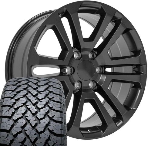 إطارات وإطارات OE Wheels CV99 مقاس 20 بوصة تناسب طراز Sierra 1500 6x139.7 20x9 أسود ساتان - هولاندر 4741 - TS-37 AT 275/55-20 (مجموعة من 4) in Saudi Arabia