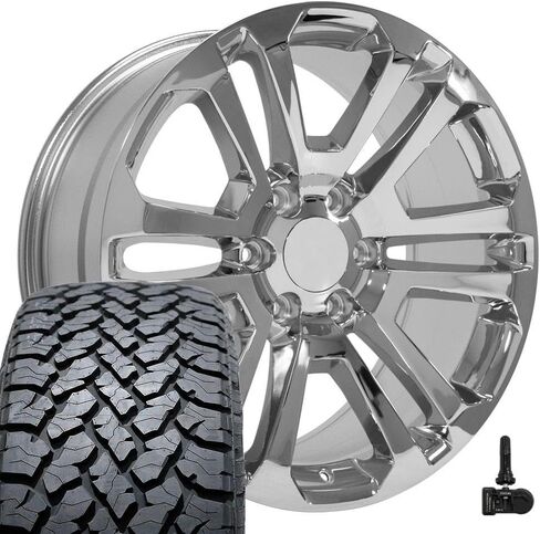 إطارات وإطارات OE Wheels CV99 مقاس 20 بوصة تناسب طراز Sierra 1500 6x139.7 20x9 كروم - هولاندر 4741 - TS-37 AT 275/55-20 (مجموعة من 4) in Saudi Arabia