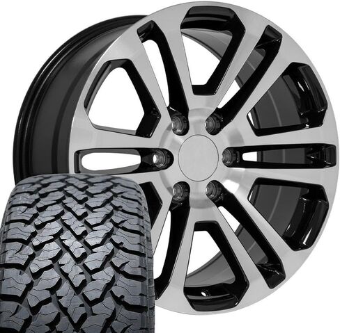 إطارات وإطارات OE Wheels CV99 مقاس 20 بوصة تناسب طراز Sierra 1500 6x139.7 20x9 مصنعة باللون الأسود اللامع - هولاندر 4741 - TS-37 AT 275/55-20 (مجموعة من 4) in Saudi Arabia