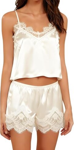 طقم بيجامة حريمي من الساتان من Awoscut مكون من قطعتين ملابس نوم داخلية حريرية وسروال قصير من الدانتيل طقم ملابس نوم ناعمة in Kuwait