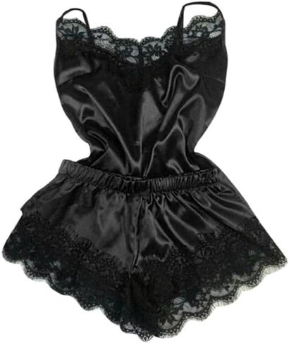 Women's Pajamas Set - Fashion Sleeveless Women Sleepwear Sexy Satin Lace V-Neck Top Shorts Nightwear in Saudi Arabia