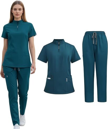 Scrubs for Women Set,Zipper Multiple Pockets Nurse Uniform,Unisex Top&Straight Leg Pants Medical Uniform for Doctors in Kuwait