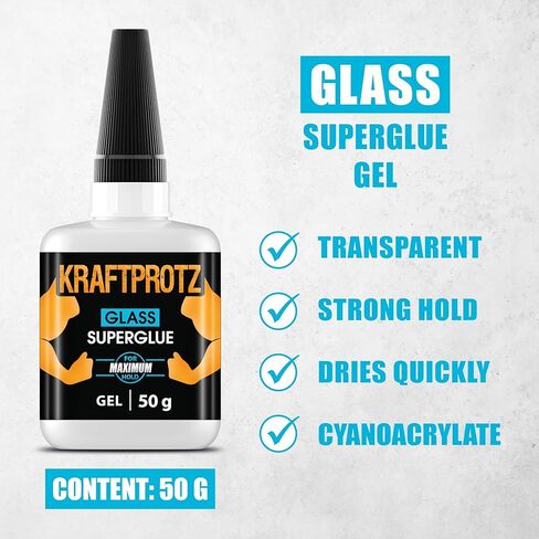 غراء زجاجي فائق للكريستال والمرايا والأكريليك والحلي - 1.75 أونصة XXL - لا يقطر، قوي للغاية، يجف بشكل شفاف - لاصق مقاوم للماء والصدمات لإصلاح الزجاج (جل 1.75 أونصة/50 جم) in Kuwait