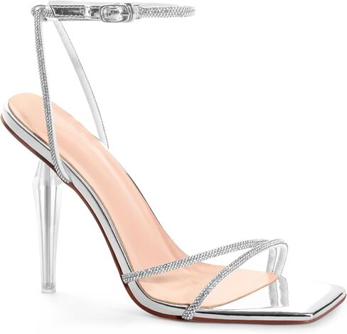 ANN CREEK Womens Heeled Sandals Sparkly Strappy Heels Rhinestones Open Square Toe High Stiletto Heels for Women Glittering Sexy Bridal Wedding Party Dress Heels Shoes Ankle Buckle in Kuwait
