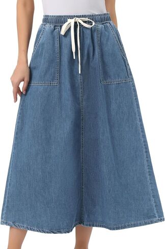 Allegra K Denim Maxi Skirt for Women Elastic Waist Casual A Line Long Jean Skirts in Saudi Arabia