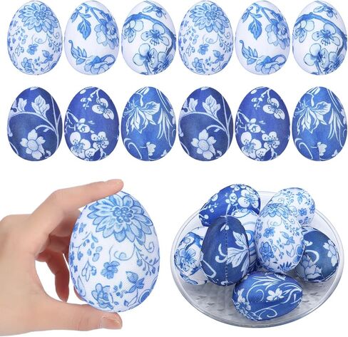 12 Pcs Easter Chinoiserie Egg Set Blue and White Toile Egg Decor 3.2 Inches H Decorative Spring Eggs for Easter Basket Fillers Spring Home Party Decor in Saudi Arabia