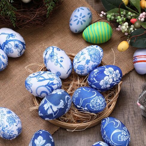 12 Pcs Easter Chinoiserie Egg Set Blue and White Toile Egg Decor 3.2 Inches H Decorative Spring Eggs for Easter Basket Fillers Spring Home Party Decor in Saudi Arabia