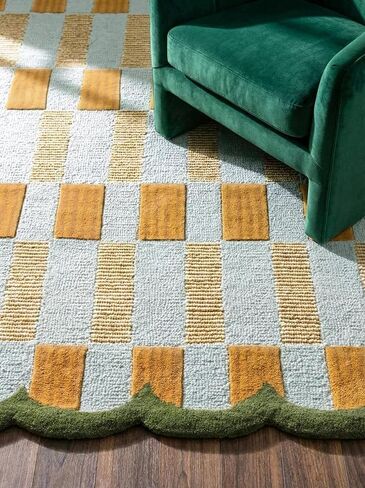 Hand-Tufted Scalloped Wool Area Rug, Modern Plaid Checkered Pattern, Soft & Durable Cozy Accent Rug for Living Room, Bedroom & Nursery, Handmade Decorative Floor Carpet (Light Blue, 4' x 6') in Saudi Arabia