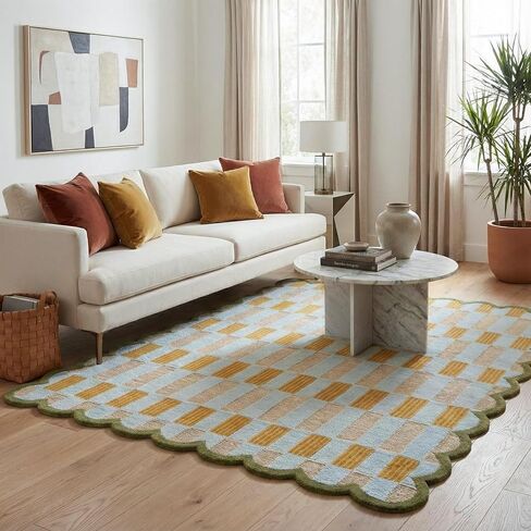 Hand-Tufted Scalloped Wool Area Rug, Modern Plaid Checkered Pattern, Soft & Durable Cozy Accent Rug for Living Room, Bedroom & Nursery, Handmade Decorative Floor Carpet (Light Blue, 4' x 6') in Saudi Arabia