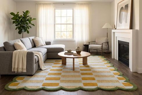 Hand-Tufted Scalloped Wool Area Rug, Modern Plaid Checkered Pattern, Soft & Durable Cozy Accent Rug for Living Room, Bedroom & Nursery, Handmade Decorative Floor Carpet (Light Blue, 4' x 6') in Saudi Arabia