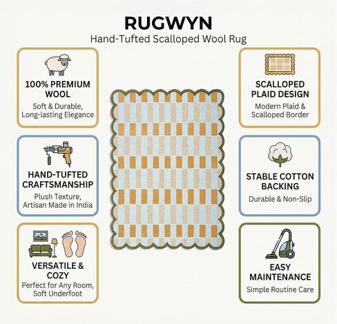 Hand-Tufted Scalloped Wool Area Rug, Modern Plaid Checkered Pattern, Soft & Durable Cozy Accent Rug for Living Room, Bedroom & Nursery, Handmade Decorative Floor Carpet (Light Blue, 4' x 6') in Saudi Arabia