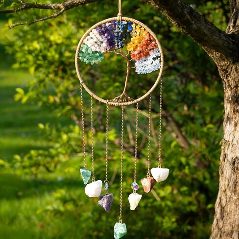 7 Chakra Crystal Sun Catcher Hanging Decor, Rainbow Maker with 3 K9 Crystal Prism Balls & Natural Crystal Stone, Wall and Window Decor Ornament for Home, Bedroom, Balcony, Handmade Gift. in Kuwait