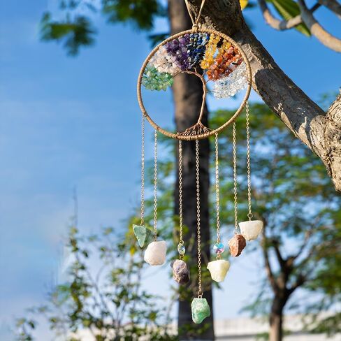 7 Chakra Crystal Sun Catcher Hanging Decor, Rainbow Maker with 3 K9 Crystal Prism Balls & Natural Crystal Stone, Wall and Window Decor Ornament for Home, Bedroom, Balcony, Handmade Gift. in Kuwait