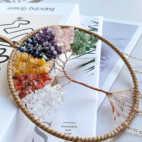 7 Chakra Crystal Sun Catcher Hanging Decor, Rainbow Maker with 3 K9 Crystal Prism Balls & Natural Crystal Stone, Wall and Window Decor Ornament for Home, Bedroom, Balcony, Handmade Gift. in Kuwait