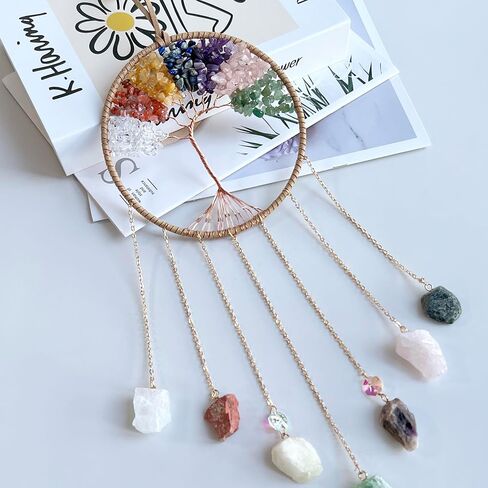 7 Chakra Crystal Sun Catcher Hanging Decor, Rainbow Maker with 3 K9 Crystal Prism Balls & Natural Crystal Stone, Wall and Window Decor Ornament for Home, Bedroom, Balcony, Handmade Gift. in Kuwait