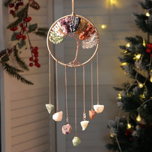 7 Chakra Crystal Sun Catcher Hanging Decor, Rainbow Maker with 3 K9 Crystal Prism Balls & Natural Crystal Stone, Wall and Window Decor Ornament for Home, Bedroom, Balcony, Handmade Gift. in Kuwait