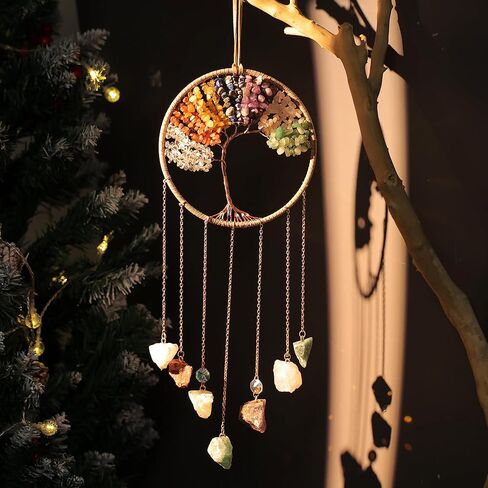 7 Chakra Crystal Sun Catcher Hanging Decor, Rainbow Maker with 3 K9 Crystal Prism Balls & Natural Crystal Stone, Wall and Window Decor Ornament for Home, Bedroom, Balcony, Handmade Gift. in Kuwait