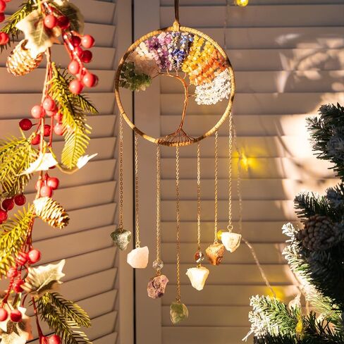 7 Chakra Crystal Sun Catcher Hanging Decor, Rainbow Maker with 3 K9 Crystal Prism Balls & Natural Crystal Stone, Wall and Window Decor Ornament for Home, Bedroom, Balcony, Handmade Gift. in Kuwait