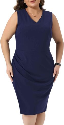 Agnes Orinda Plus Size Work Dress for Women Sleeveless V Neck Ruched Bodycon Business Casual Office Pencil Dresses in Saudi Arabia