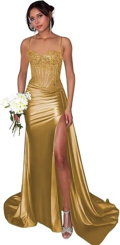 Spaghetti Strap Satin Prom Dresses 2025 Long Mermaid Lace Applique Corset Evening Gown with Slit Formmal Party Dresses in Saudi Arabia
