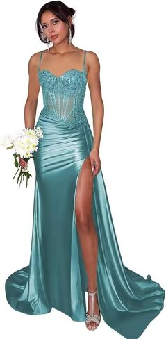 Spaghetti Strap Satin Prom Dresses 2025 Long Mermaid Lace Applique Corset Evening Gown with Slit Formmal Party Dresses in Kuwait