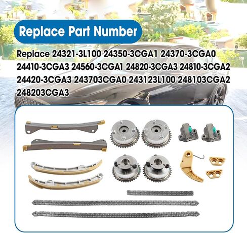 3.3L 3.8L 24321-3L100 مجموعة سلسلة التوقيت تناسب Hyundai Genesis سيدان أزيرا G70 G80 G90 Kia Sorento K900 Sedona 2012-2022 استبدال 24350-3CGA1 24370-3CGA0 24410-3CGA3، مع ضرس VVT وموتر، 16 قطعة in Kuwait