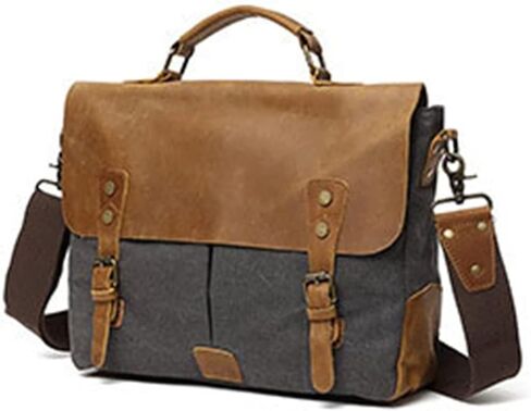 Mens Messenger Bag Canvas Briefcase Large Satchel Shoulder Rugged Leather Computer Laptop Bag(14 INCH) in Kuwait