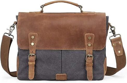 Mens Messenger Bag Canvas Briefcase Large Satchel Shoulder Rugged Leather Computer Laptop Bag(14 INCH) in Kuwait