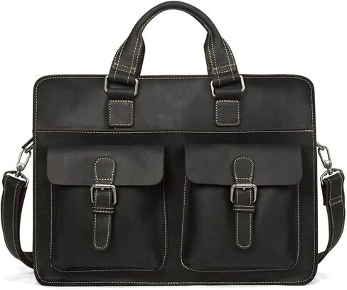 Leather Messenger Bag for Men,Vintage Laptop Briefcase Satchel, Large Water Resistant School Work (Size:41x30x10cm)(Black) in Kuwait