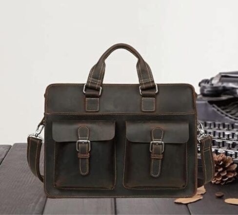 Leather Messenger Bag for Men,Vintage Laptop Briefcase Satchel, Large Water Resistant School Work (Size:41x30x10cm)(Black) in Kuwait