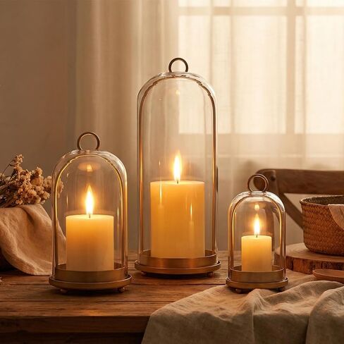 15"&9"&7" Hurricane Glass Candle Holders Set of 3, Metal Candle Holder with Handmade Glass Dome in Brass, Hanging Versatile Hurricane Glass Candle Holders for Pillar Candles (Candles Not Including) in Kuwait