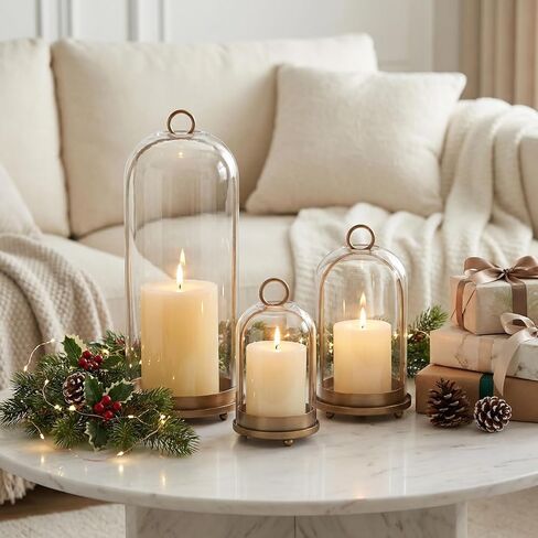 15"&9"&7" Hurricane Glass Candle Holders Set of 3, Metal Candle Holder with Handmade Glass Dome in Brass, Hanging Versatile Hurricane Glass Candle Holders for Pillar Candles (Candles Not Including) in Kuwait