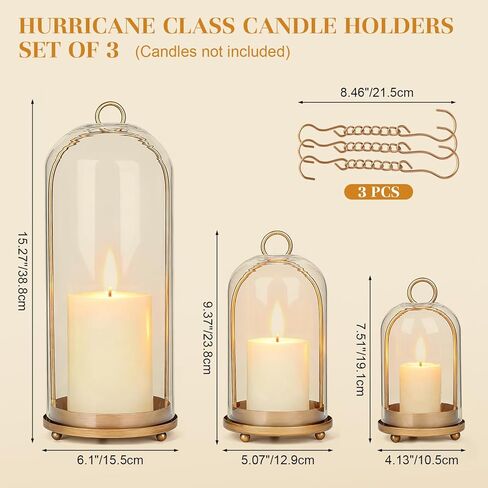 15"&9"&7" Hurricane Glass Candle Holders Set of 3, Metal Candle Holder with Handmade Glass Dome in Brass, Hanging Versatile Hurricane Glass Candle Holders for Pillar Candles (Candles Not Including) in Kuwait