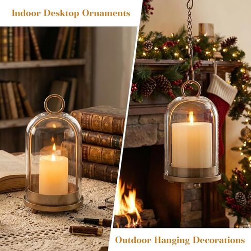 15"&9"&7" Hurricane Glass Candle Holders Set of 3, Metal Candle Holder with Handmade Glass Dome in Brass, Hanging Versatile Hurricane Glass Candle Holders for Pillar Candles (Candles Not Including) in Kuwait