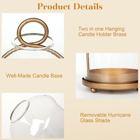 15"&9"&7" Hurricane Glass Candle Holders Set of 3, Metal Candle Holder with Handmade Glass Dome in Brass, Hanging Versatile Hurricane Glass Candle Holders for Pillar Candles (Candles Not Including) in Kuwait