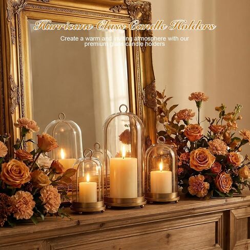 15"&9"&7" Hurricane Glass Candle Holders Set of 3, Metal Candle Holder with Handmade Glass Dome in Brass, Hanging Versatile Hurricane Glass Candle Holders for Pillar Candles (Candles Not Including) in Kuwait