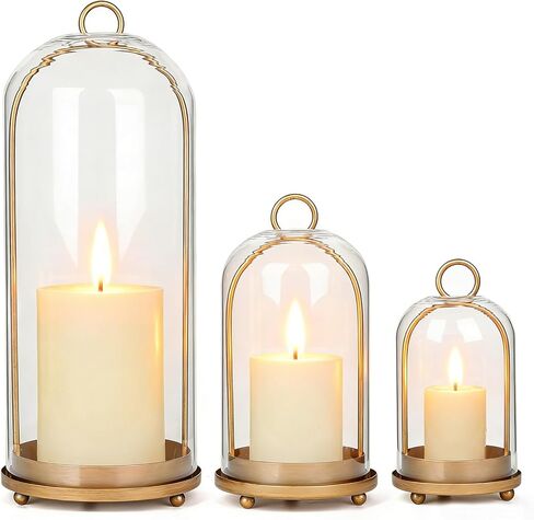 15"&9"&7" Hurricane Glass Candle Holders Set of 3, Metal Candle Holder with Handmade Glass Dome in Brass, Hanging Versatile Hurricane Glass Candle Holders for Pillar Candles (Candles Not Including) in Kuwait