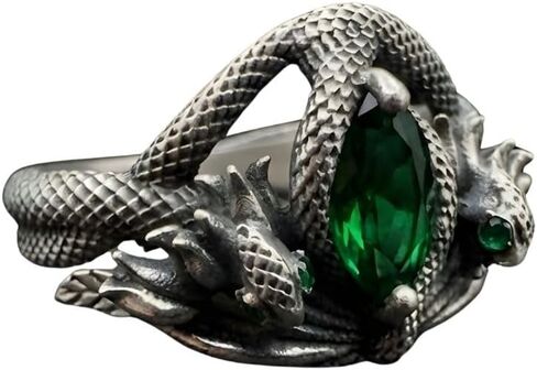 Aragorn Style Silver Plated Serpent Ring, Medieval Fantasy Ring with Green Marquise Stone, Stainless Steel Mythological Snake Jewelry, Antique Finish Statement Gift for Men and Women in Kuwait
